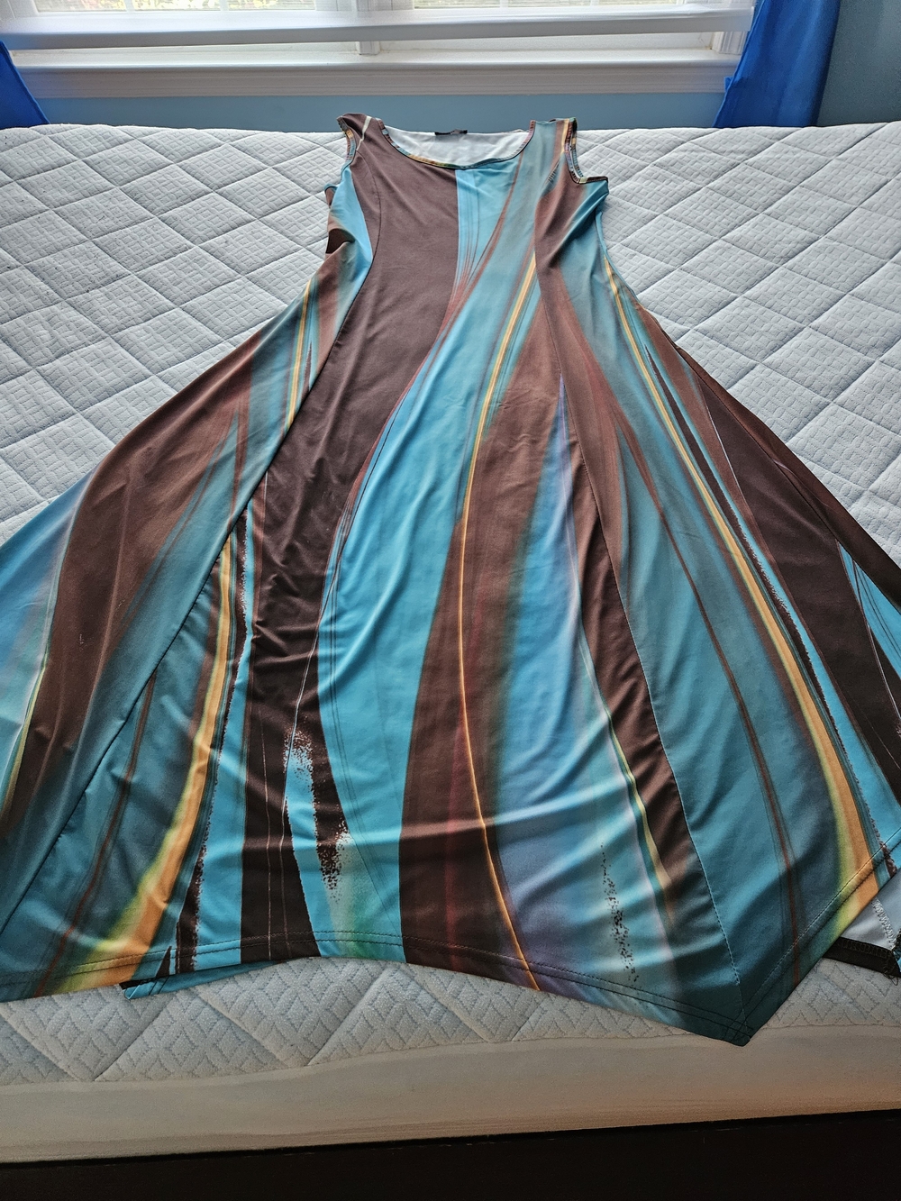 Sleeveless A-Line Dress in Teal & Brown
